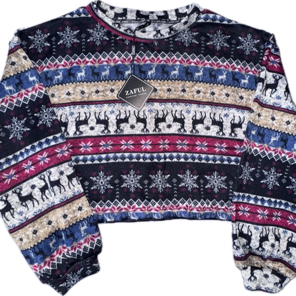 Zaful Reindeer Snowflake Cropped Ugly Christmas Sweater New S